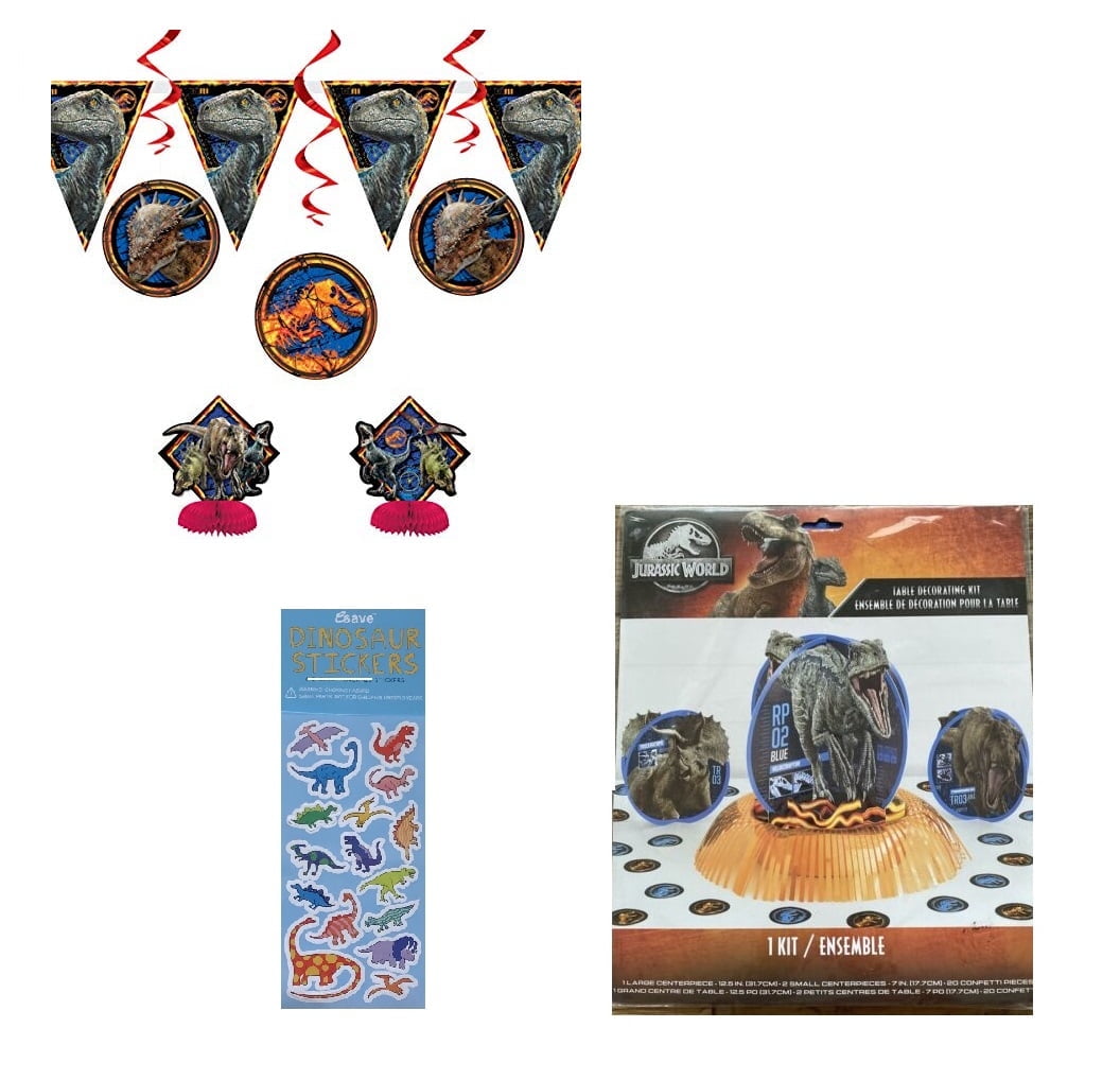 Jurassic World Dinosaur Birthday Party Supplies Bundle includes 1 Flag Banner 8ft, 2 Honeycomb Centerpieces, 4 Hanging Swirl, 1 Centerpiece Table Decoration Kit, 1 Dinosaur Sticker Sheet
