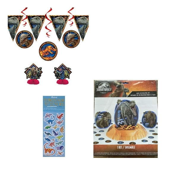 Jurassic World Dinosaur Birthday Party Supplies Bundle includes 1 Flag Banner 8ft, 2 Honeycomb Centerpieces, 4 Hanging Swirl, 1 Centerpiece Table Decoration Kit, 1 Dinosaur Sticker Sheet