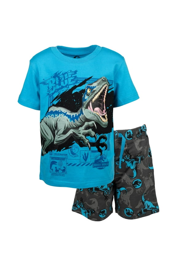 Dinosaur Blue Toddler Boys T-Shirt and French Terry Shorts Outfit Set Blue / Grey 4T