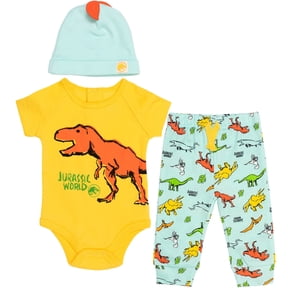 Jurassic World Dinosaur Bodysuit Jogger Pants and Hat 3 Piece Outfit Set Newborn to Infant
