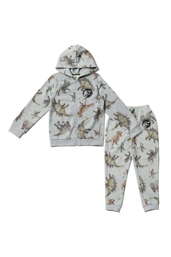 Dinosaur T-Rex Fleece Zip Up Hoodie and Jogger Pants Set Logo Little Kid to Big Kid