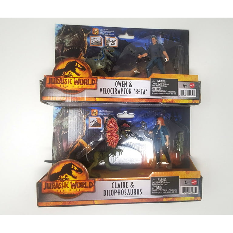 Jurassic World Dominion Action Figures Owen Claire Beta and Dilophosaurus,  4 figures with accessories