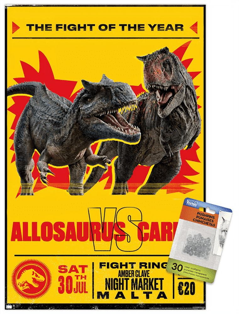 Jurassic World: Dominion - Allosaurus Vs Carno Wall Poster with Push Pins, 14.725" x 22.375"