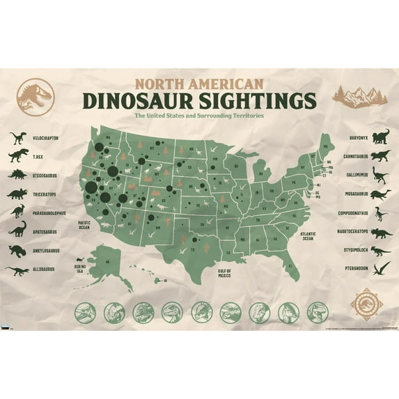 Jurassic World: Dominion - North American Dinosaur Map Wall Poster, 14.725" x 22.375"