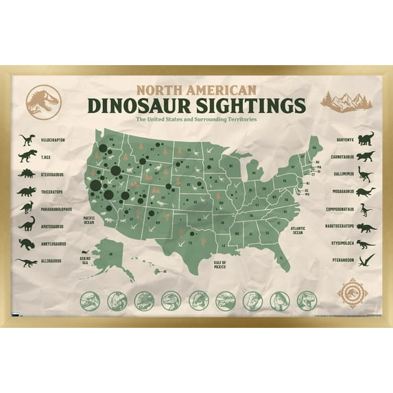 Jurassic World: Dominion - North American Dinosaur Map Wall Poster, 22.375" x 34" Framed