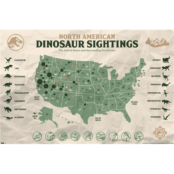 Jurassic World: Dominion - North American Dinosaur Map Wall Poster, 22.375" x 34"