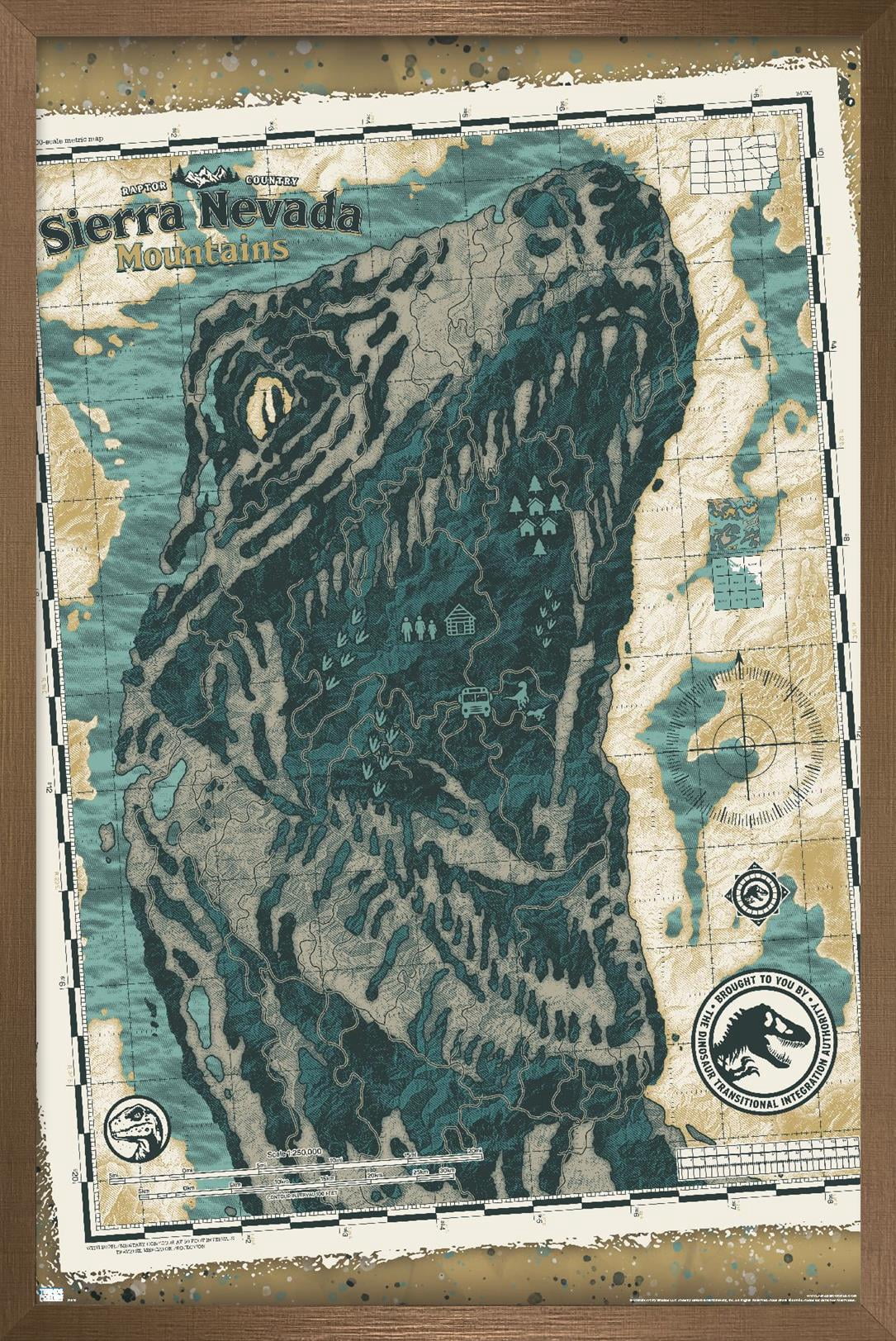 Jurassic World: Dominion - Sierra Nevada Mountains Map Wall Poster, 14.725" x 22.375" Framed