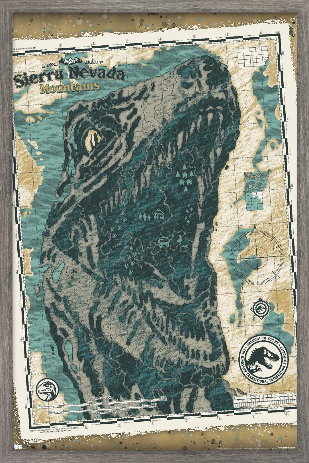 Jurassic World: Dominion - Sierra Nevada Mountains Map Wall Poster, 22.375" x 34" Framed