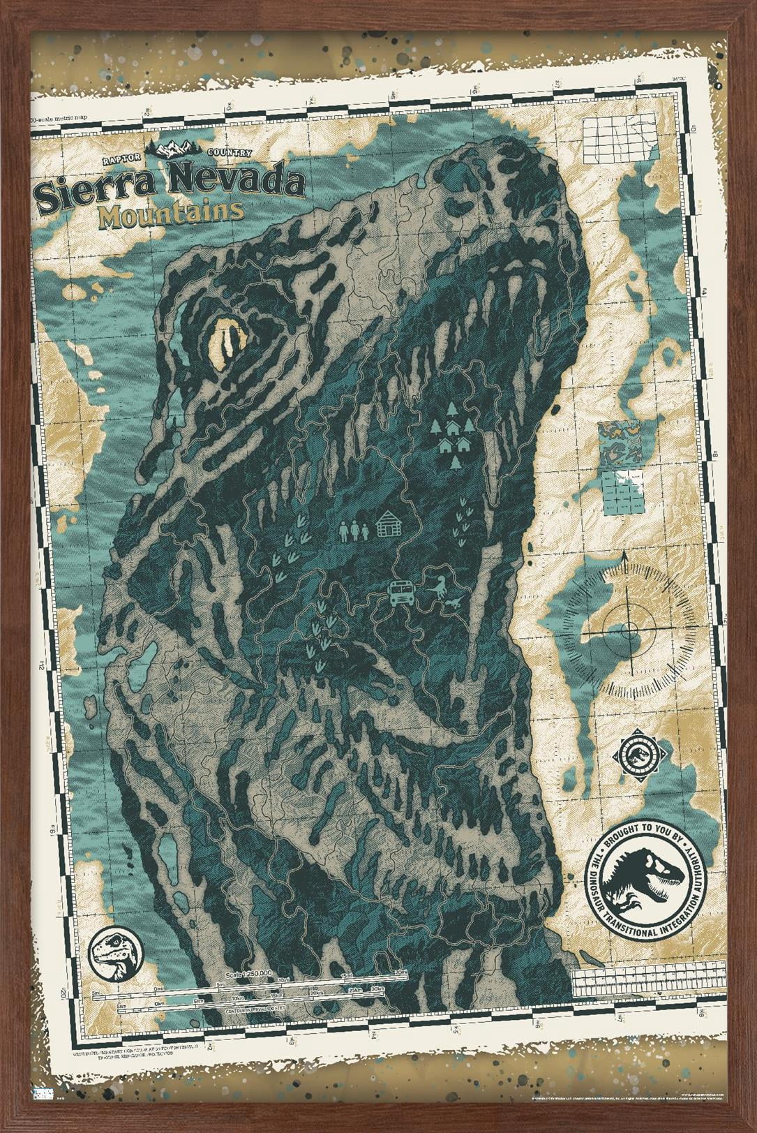 Jurassic World: Dominion - Sierra Nevada Mountains Map Wall Poster, 22.375" x 34" Framed