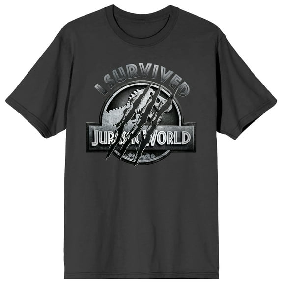 Jurassic World Franchise Logo Icon with Scratch marks I Survived text on Charcoal Ground Adult Crew Neck Short Sleeve T-shirt - XXL