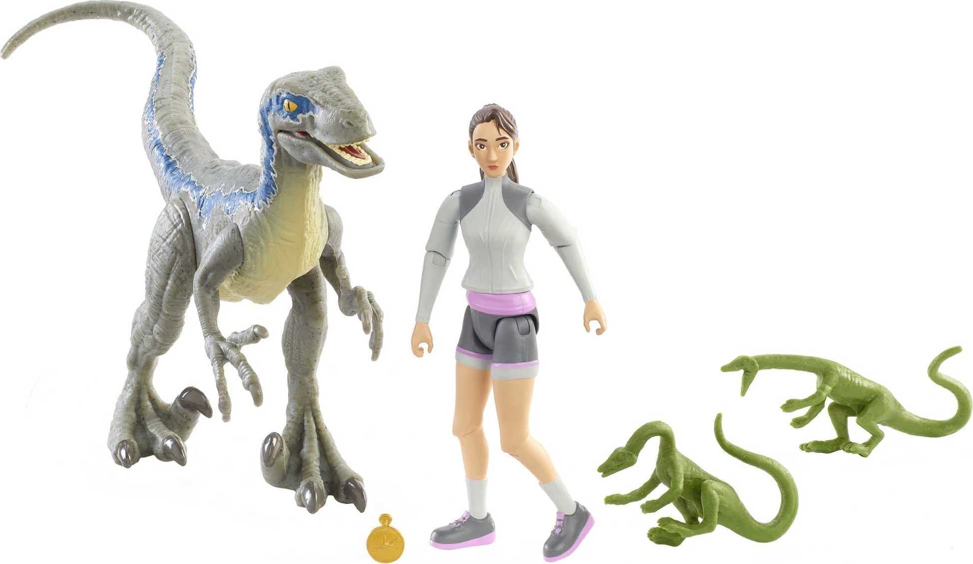 Jurassic World Human & Dino Pack, Yasmina Yaz Action Figure, Velociraptor & 3 Compys Dinosaur Toys