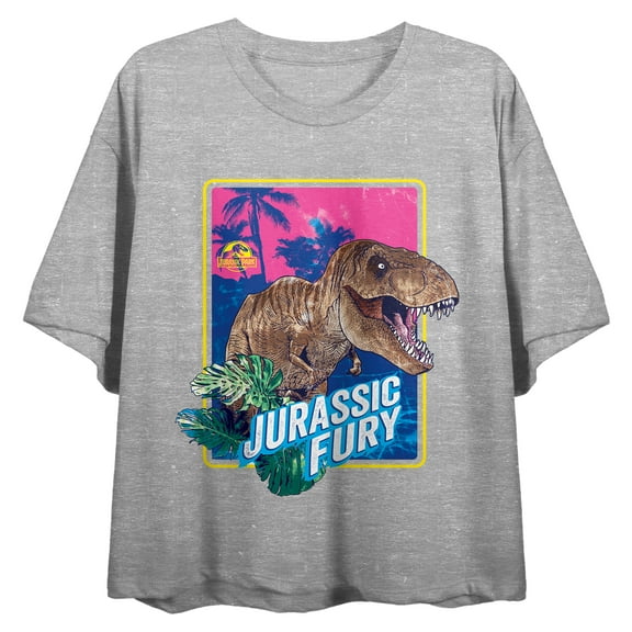 Jurassic World Jurassic Fury Crew Neck Short Sleeve Gray Heather Women's Crop Top-Medium