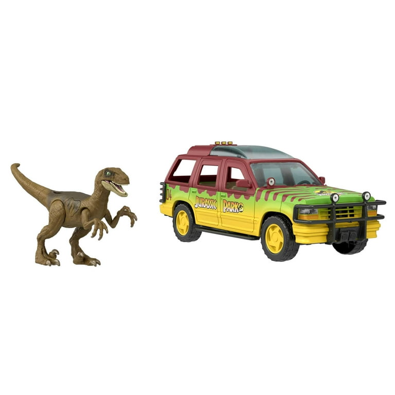 Jurassic World Jurassic Park Action Set with Velociraptor Dinosaur and  Destruction Ford Truck Toy 