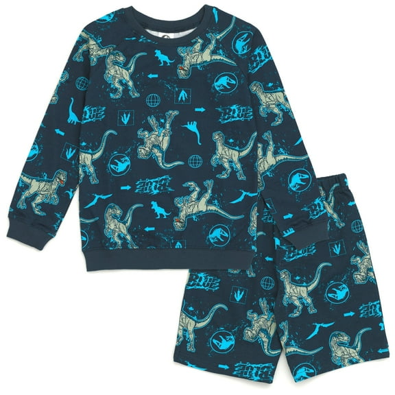 Jurassic World Jurassic Park Blue French Terry Sweatshirt and Bike Shorts Little Kid to Big Kid