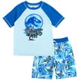 thumbnail image 1 of Jurassic World Jurassic Park Blue T-Rex UPF 50+ Rash Guard and Swim Trunks Outfit Set Little Kid to Big Kid, 1 of 5
