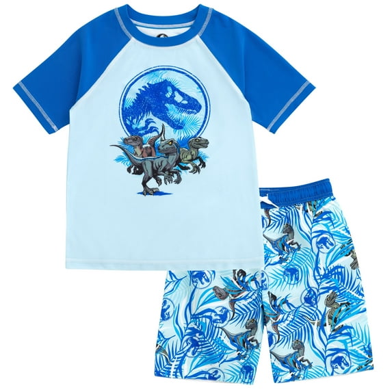 Jurassic World Jurassic Park Blue T-Rex UPF 50+ Rash Guard and Swim Trunks Outfit Set Little Kid to Big Kid