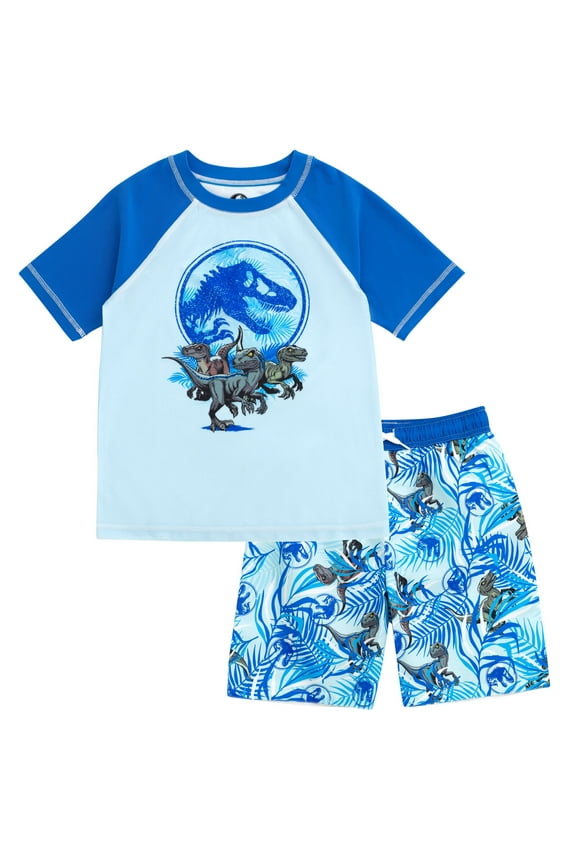 Jurassic Park Blue T-Rex UPF 50+ Rash Guard and Swim Trunks Outfit Set Little Kid to Big Kid