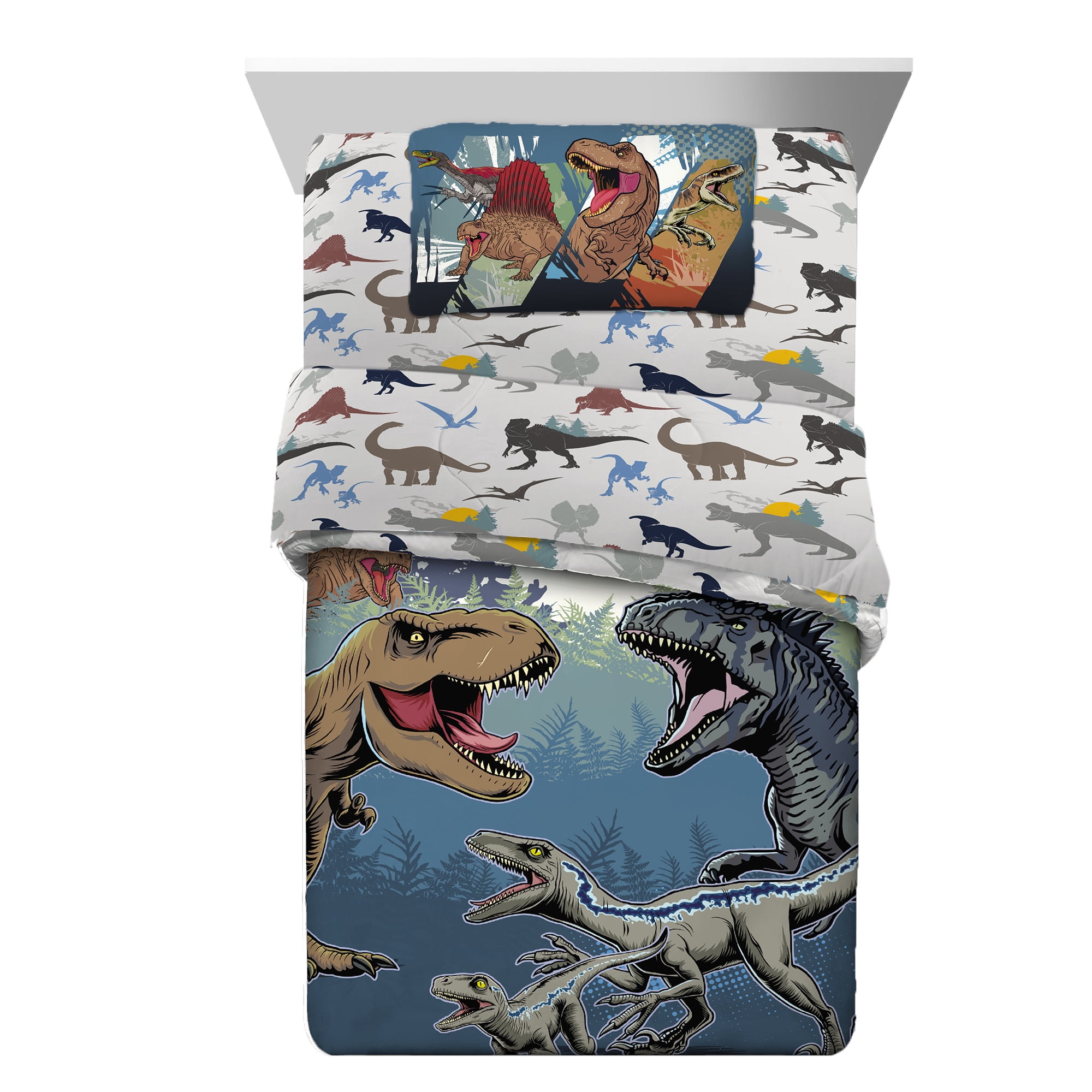 Jurassic World Kids 4 Piece Blue Gray Reversible Comforter, Bed in a Bag, Twin