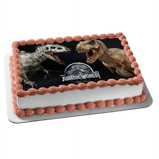 Jurassic World Logo Indominus Rex VS Tyrannosaurus Rex Birthday Edible Image Cake Topper For Half Sheet Cake By TNCT