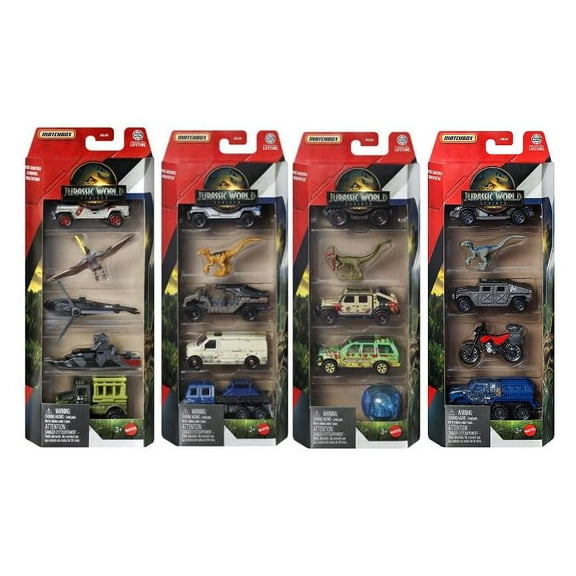 Jurassic World Matchbox Dinosaur Vehicle Collection, Die-Cast Cars and Figures 5 Packs, Set of 4, 20 Vehicles, JGL60-956B