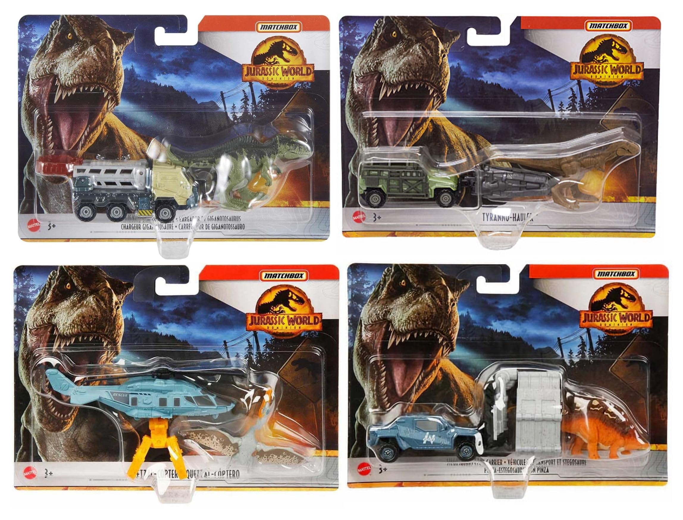 Jurassic World Matchbox Dinosaur Vehicle Playset Bundle, Die-Cast Cars and Helicopters Collection, Kids Toys, Ages 3+, 4 Pack FMY31-956G