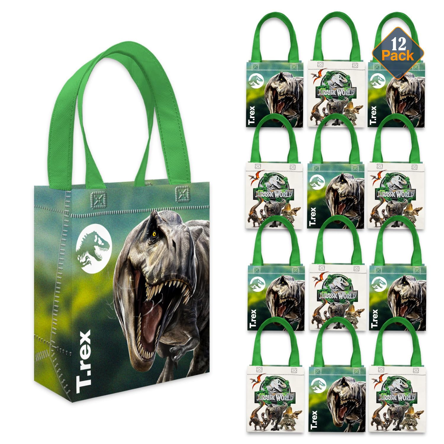 Jurassic World Party Favor Bags Set 12 Pack 8" Dinosaur Goodie Bags for Kids Bulk Reusable Mini Totes | Jurassic World Birthday Party Supplies