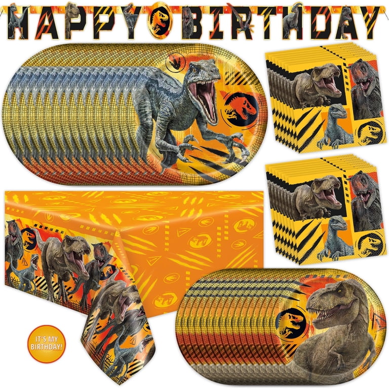 Jurassic World Birthday Party Supplies Bundle – 16 Plates, 16 Napkins, Dinosaur Stickers
