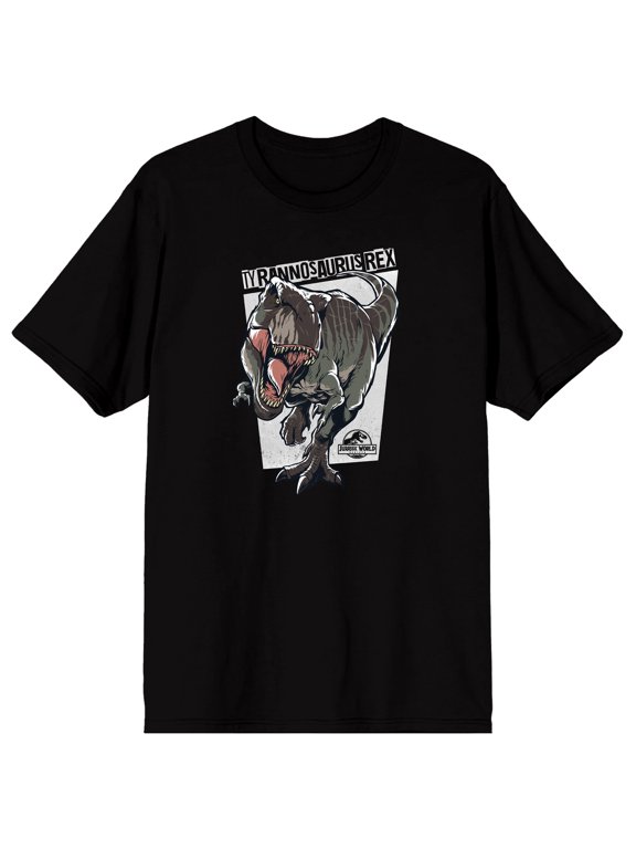 Jurassic: Rebirth T-rex Vector Graphic White Distressed Frame Logo Tyrannosaurus Rex Text on Black Short Sleeve Adult T-Shirt-XL