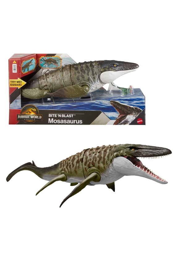 Rebirth Bite N Blast Mosasaurus Action Figure and Mini Dilophosaurus, Dinosaur Toy
