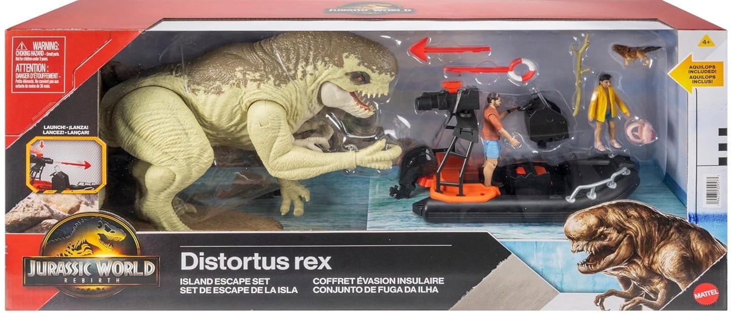 Jurassic World Rebirth Distortus Rex Island Escape Action Figure Set by Mattel – Dinosaur Toy Playset with Boat and Human Figures for Kids Ages 4+