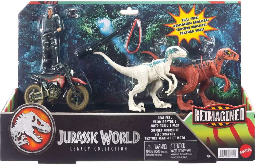 Jurassic World Reimagined Velociraptor & Moto Pursuit Pack Real Feel Action Figure 3-Pack