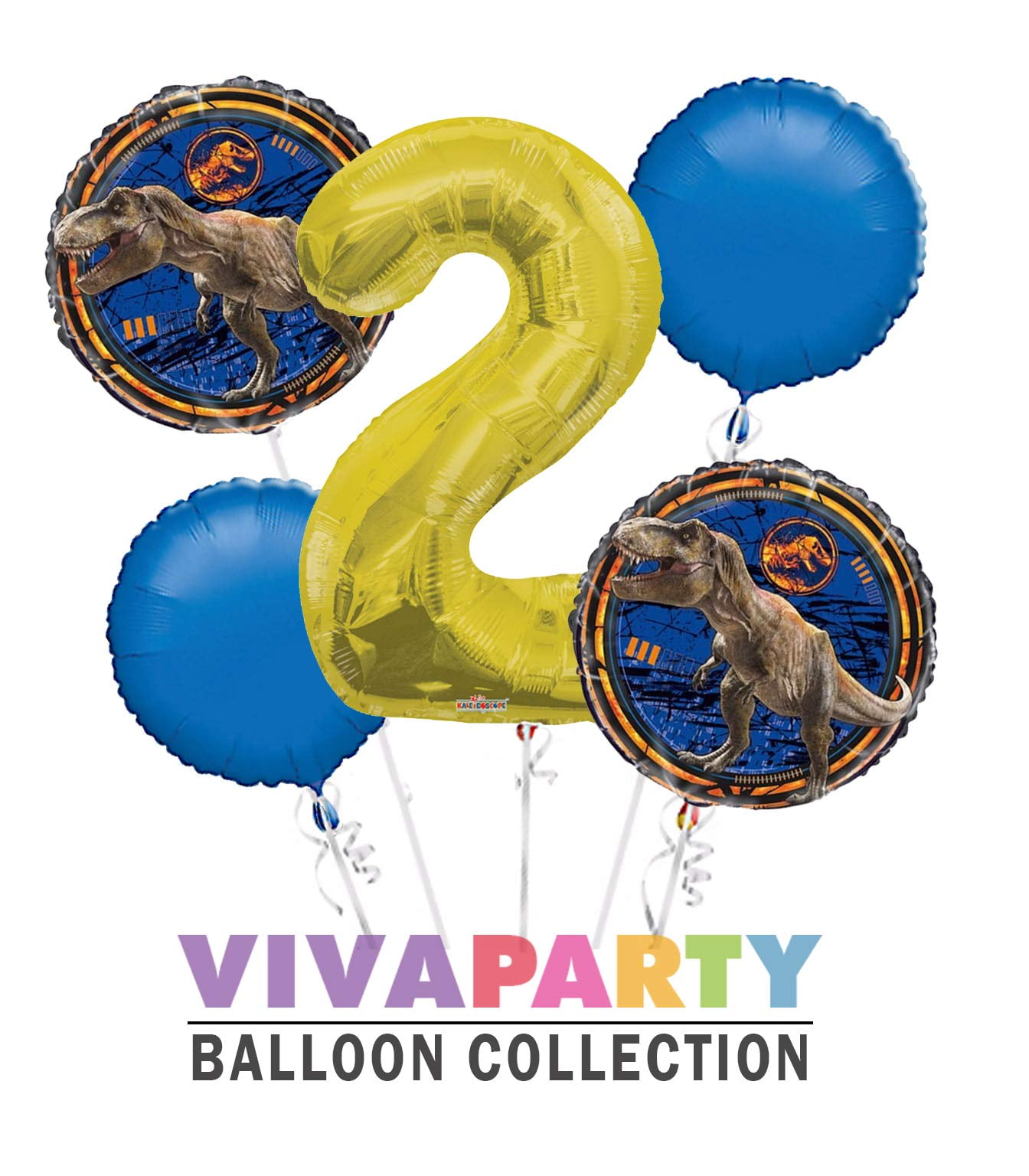 Jurassic World Round Balloon Bouquet 5 pc, 2nd Birthday, Gold Number 2 Jumbo Balloon | Viva Party Balloon Collection