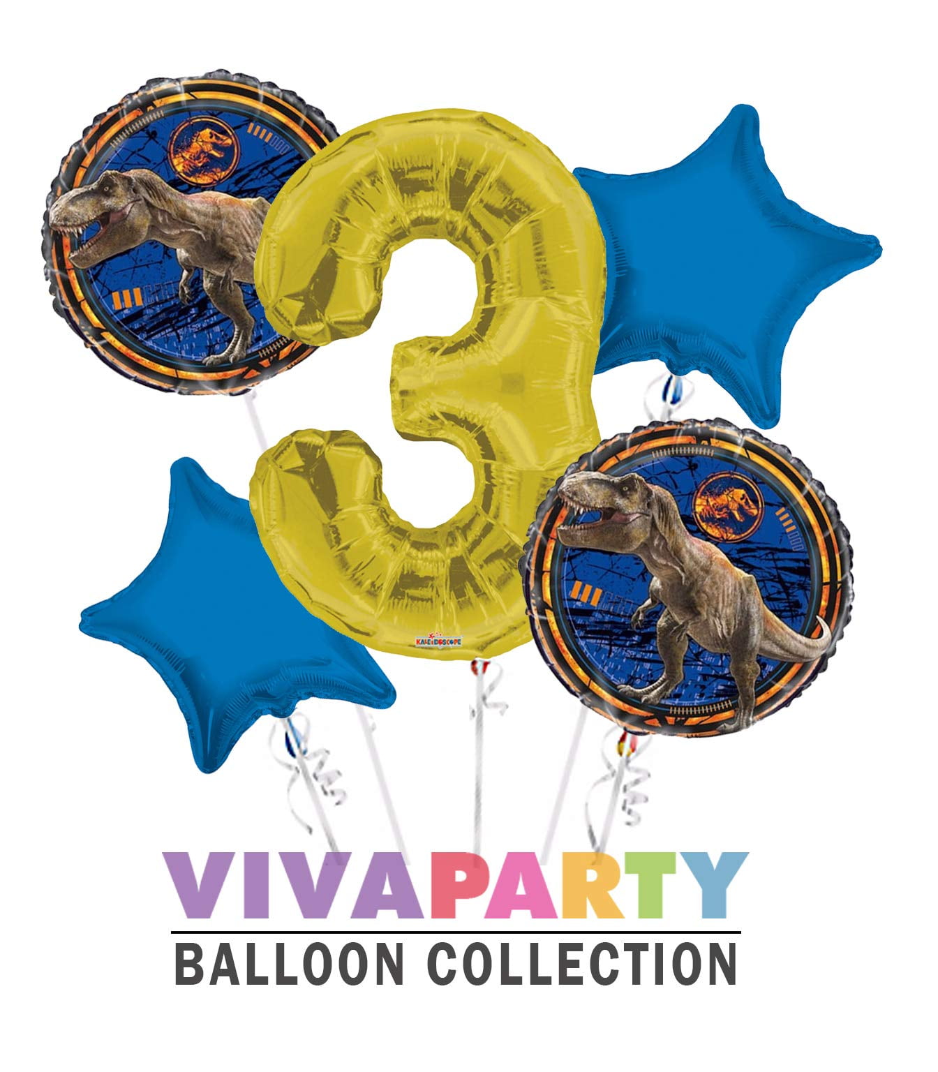 Jurassic World Round Balloon Bouquet 5 pc, 3rd Birthday, Gold Number 3 Jumbo Balloon | Viva Party Balloon Collection