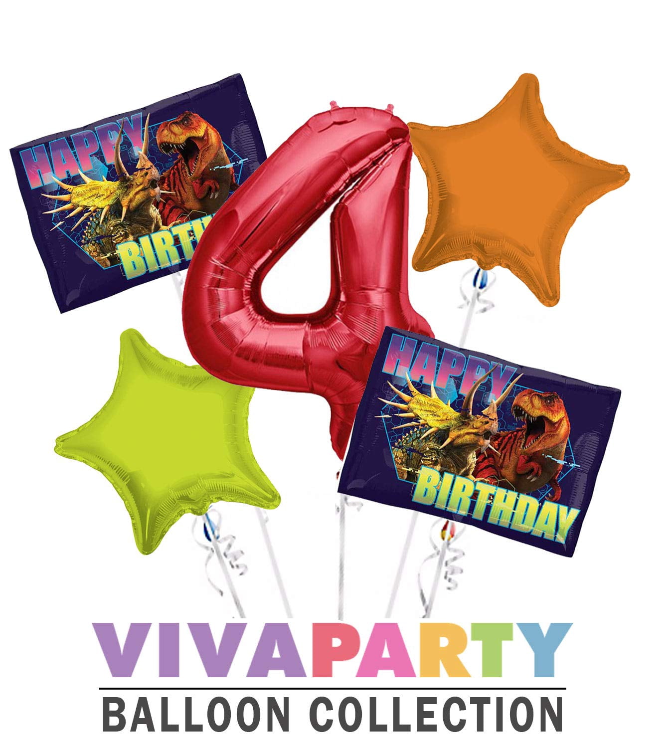 Jurassic World Round Balloon Bouquet 5 pc, 4th Birthday, Red Number 4 Jumbo Balloon | Viva Party Balloon Collection