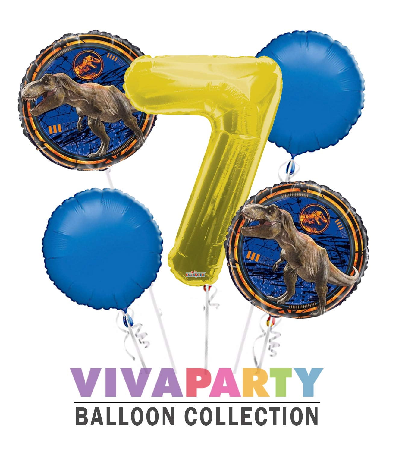 Jurassic World Round Balloon Bouquet 5 pc, 7th Birthday, Gold Number 7 Jumbo Balloon | Viva Party Balloon Collection