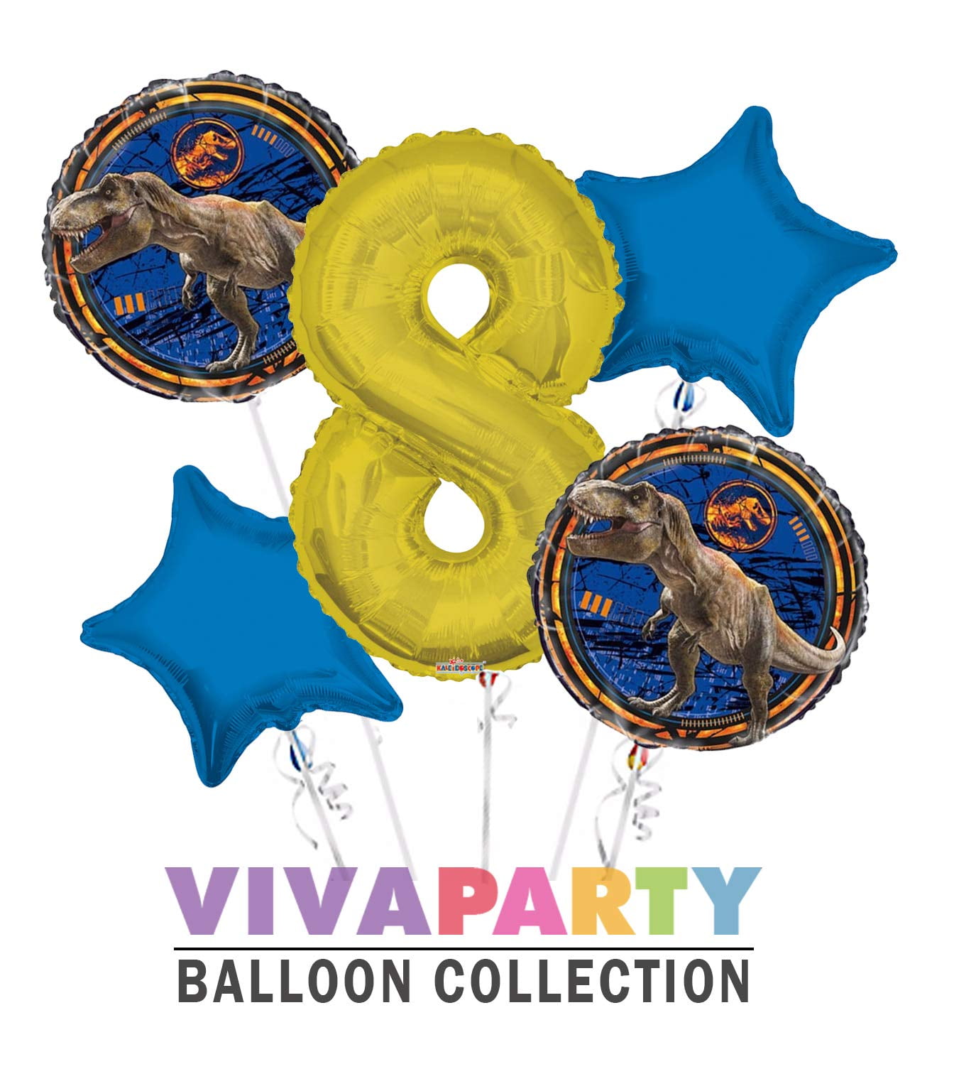 Jurassic World Round Balloon Bouquet 5 pc, 8th Birthday, Gold Number 8 Jumbo Balloon | Viva Party Balloon Collection
