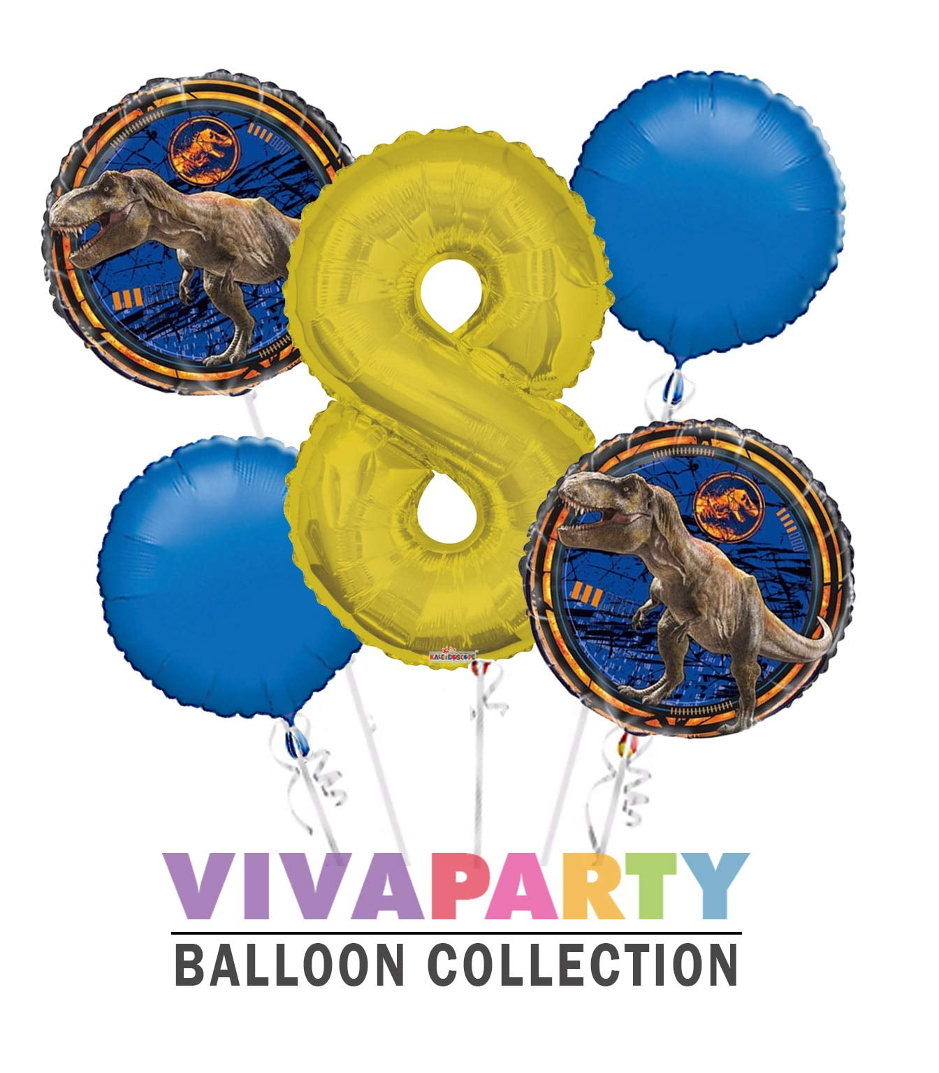 Jurassic World Round Balloon Bouquet 5 pc, 8th Birthday, Gold Number 8 Jumbo Balloon | Viva Party Balloon Collection