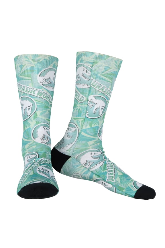 Jurassic World Socks Men's Tropical Foliage Logo AOP Sublimated Crew Socks 1 Pair Fits Shoe Sizes 8-12