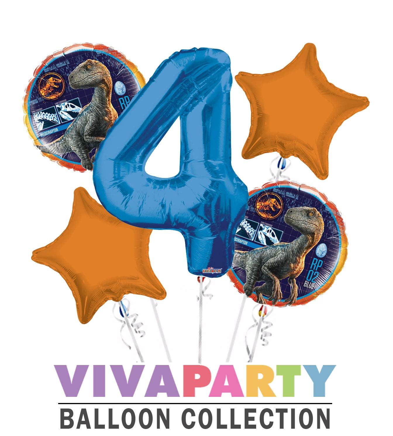 Jurassic World Velociraptor RP 02 Blue Round Balloon Bouquet 5 pc, 4th Birthday, Blue Number 4 Jumbo Balloon | Viva Party Balloon Collection
