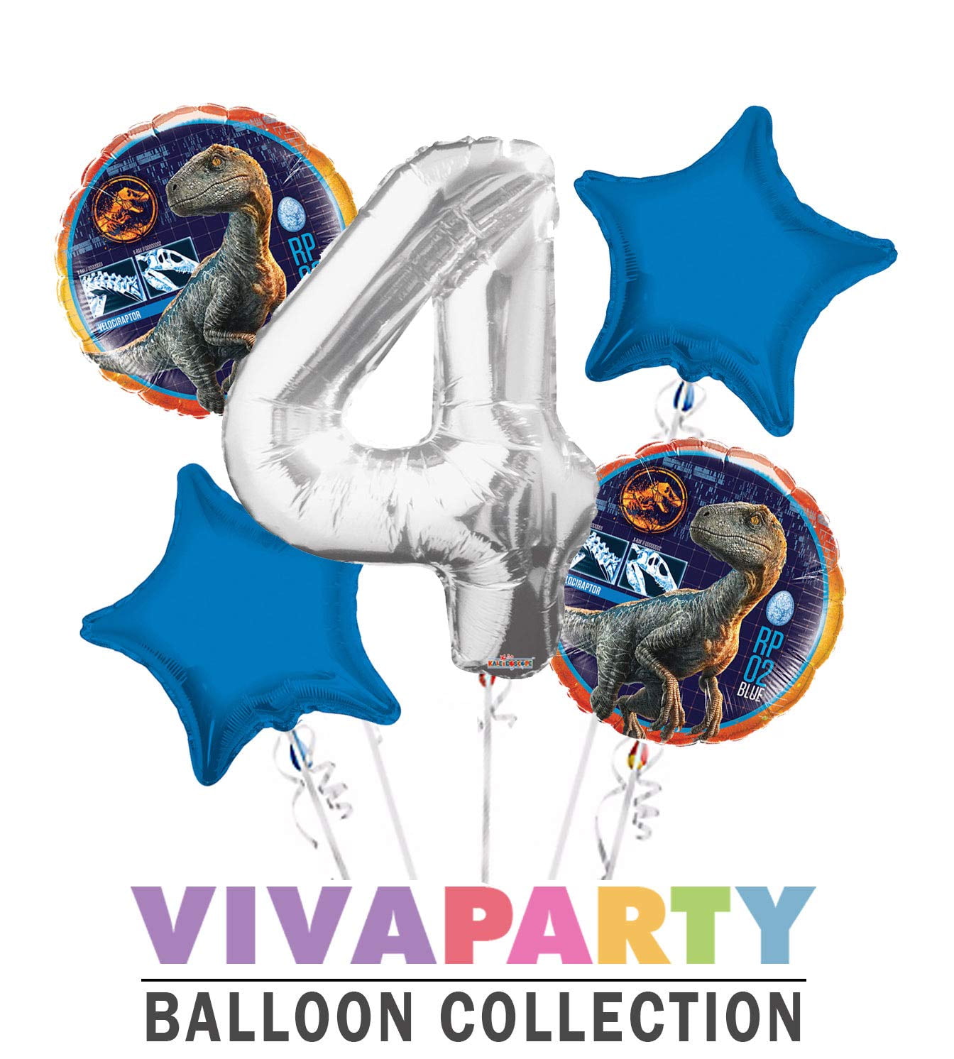 Jurassic World Velociraptor RP 02 Blue Round Balloon Bouquet 5 pc, 4th Birthday, Silver Number 4 Jumbo Balloon | Viva Party Balloon Collection