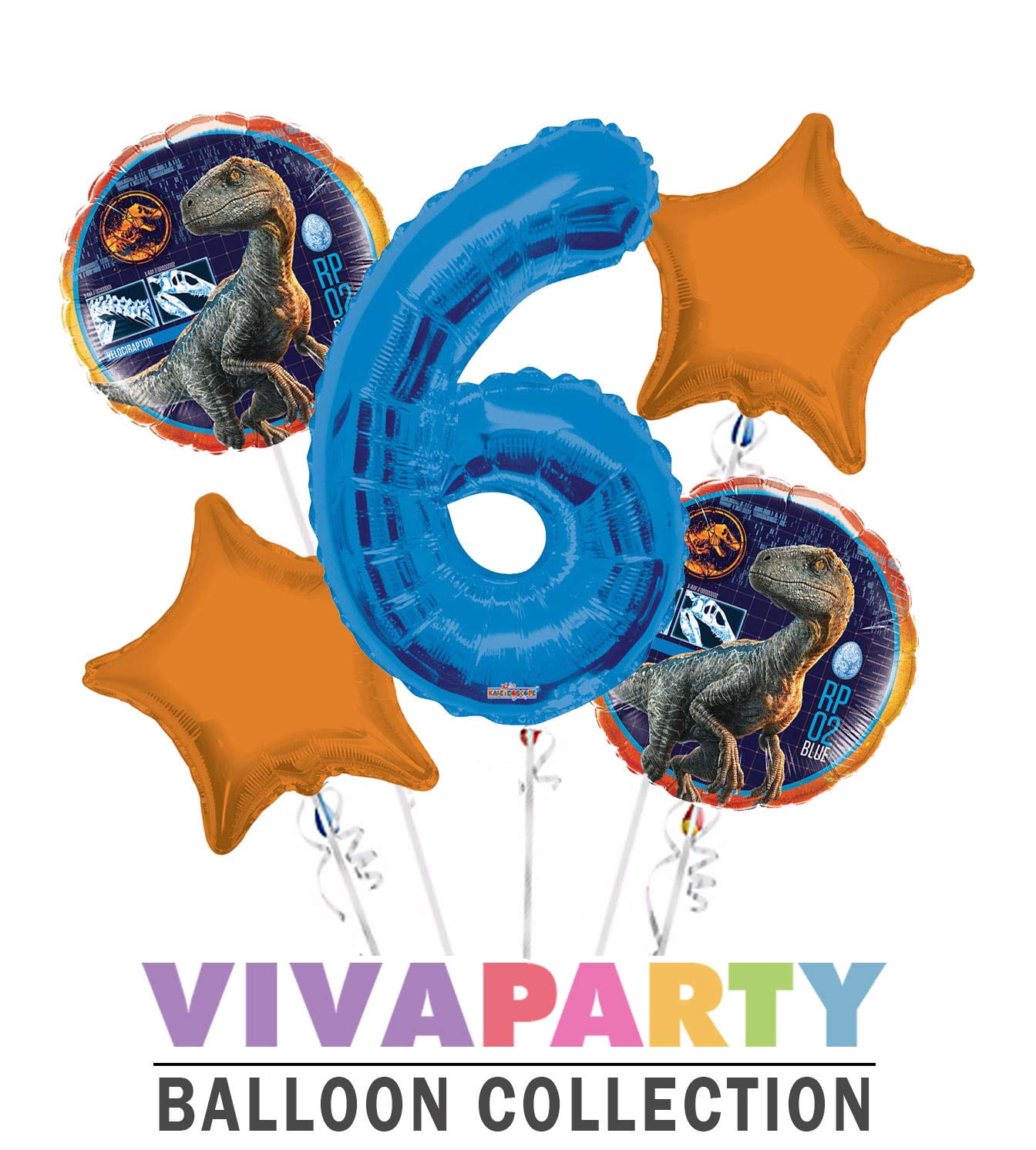 Jurassic World Velociraptor RP 02 Blue Round Balloon Bouquet 5 pc, 6th Birthday, Blue Number 6 Jumbo Balloon | Viva Party Balloon Collection