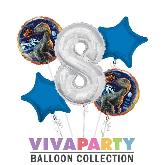 Jurassic World Velociraptor RP 02 Blue Round Balloon Bouquet 5 pc, 8th Birthday, Silver Number 8 Jumbo Balloon | Viva Party Balloon Collection