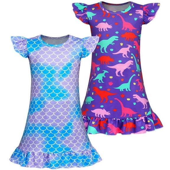 Jurebecia 2 Pcs Girls Nightgowns Mermaid Dinosaur Short Sleeve Sleepwear Nightie Nightgown Soft Nightgown Night Dress for Kids Princess Pajama Dresses 7-8 Years 130 CM