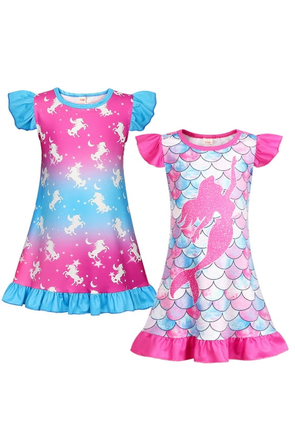 2 Pcs Summer Girl Unicorns Nightgown Mermaids Cartoon Pajamas Dress for Kids Teenager Night Dress Baby Nightdress Cute Children Clothing 3-4 Years 110 CM