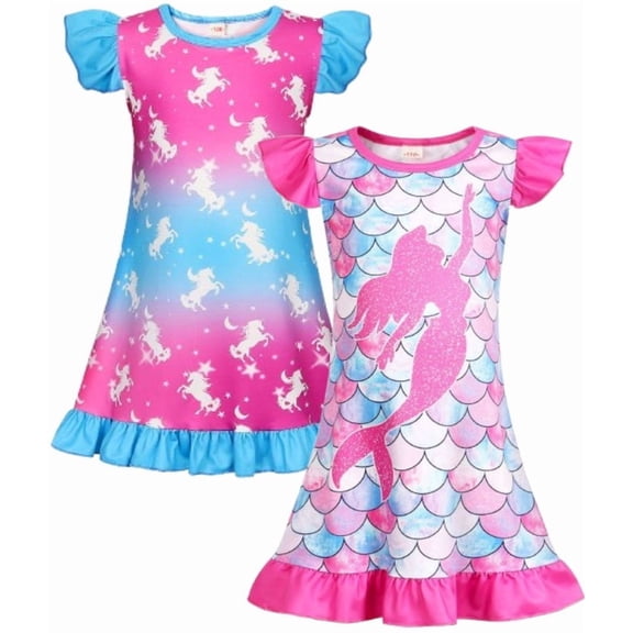 Jurebecia 2 Pcs Summer Girl Unicorns Nightgown Mermaids Cartoon Pajamas Dress for Kids Teenager Night Dress Baby Nightdress Cute Children Clothing 5-6 Years 120 CM