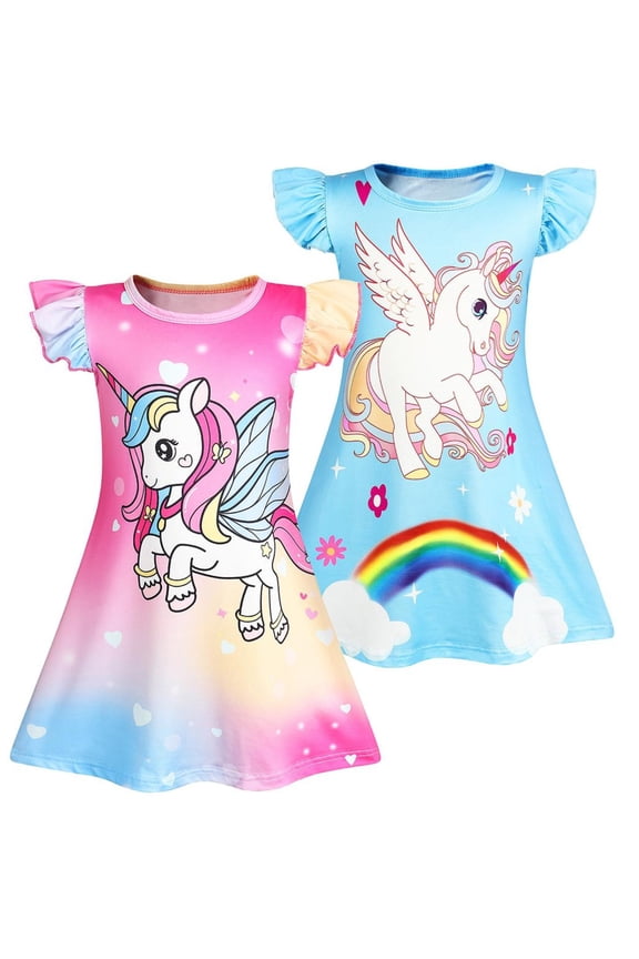 2Pcs Girls Nightgowns Unicorn Sleepwear Night Sleep Dress Pajamas Little Kids Toddler Soft Nightgown Flutter Short Sleeves Nightdress 120 CM 5-6 Years
