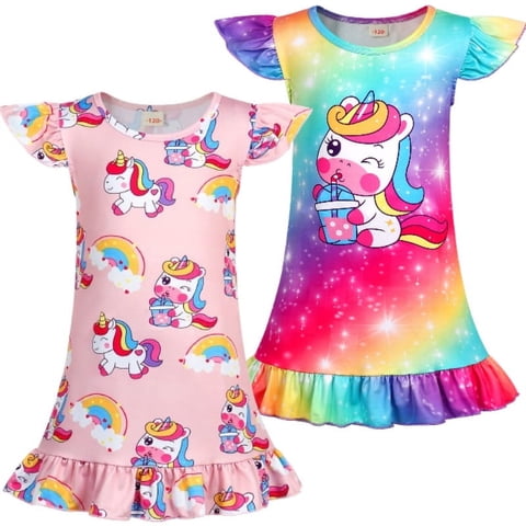 2Pcs Girls Unicorn Nightgowns Soft Nightgown Flutter Short Sleeves Nightdress Nightie Dress Sleepwear Pajamas for Little Girls 140 CM 9-10 Years