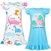 Jurebecia 2Pcs Summer Girl Dinosaurs Nightgown Cartoon Pajamas Dress for Kids Teenager Night Dress 7-8 Years Baby Nightdress Cute Children Clothing 130 CM