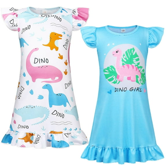 Jurebecia 2Pcs Summer Girl Dinosaurs Nightgown Cartoon Pajamas Dress for Kids Teenager Night Dress 11-12 Years Baby Nightdress Cute Children Clothing 150 CM