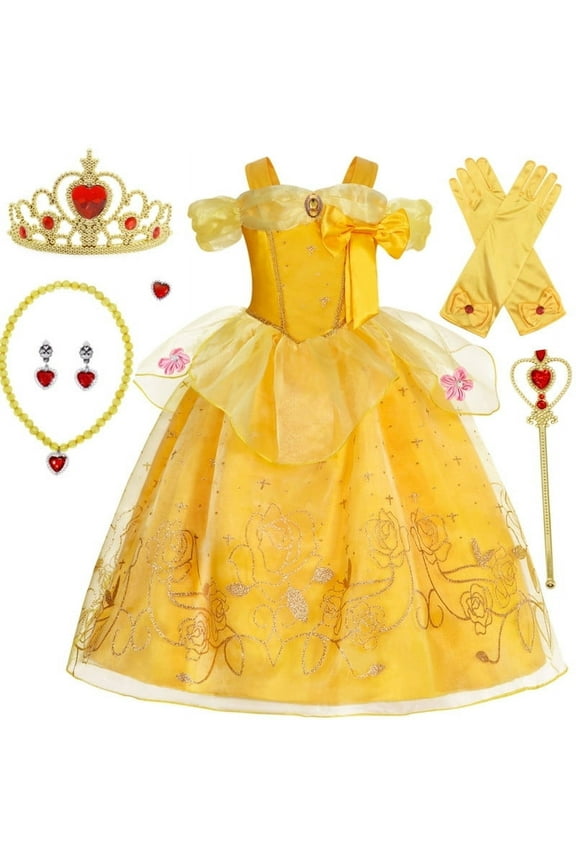 Princess Dress for Girls Costume Kids Off Shoulder Layered Toddler Halloween Cosplay Birthday Party Outfit up Yellow 150 cm 11-12 Years